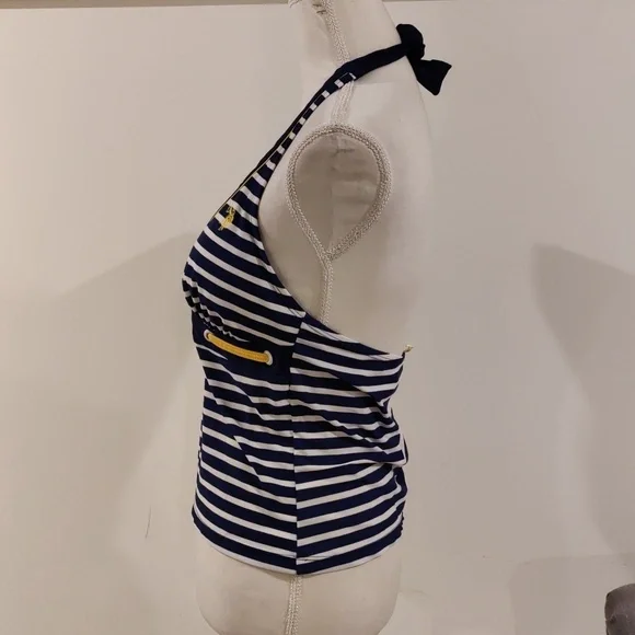 Us Polo Navy & White Striped Halter Tankini Swim Top Yellow Trim Sz m - Picture 2 of 7